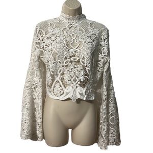 A. Peach white long sleeve white lace top high neckline size small